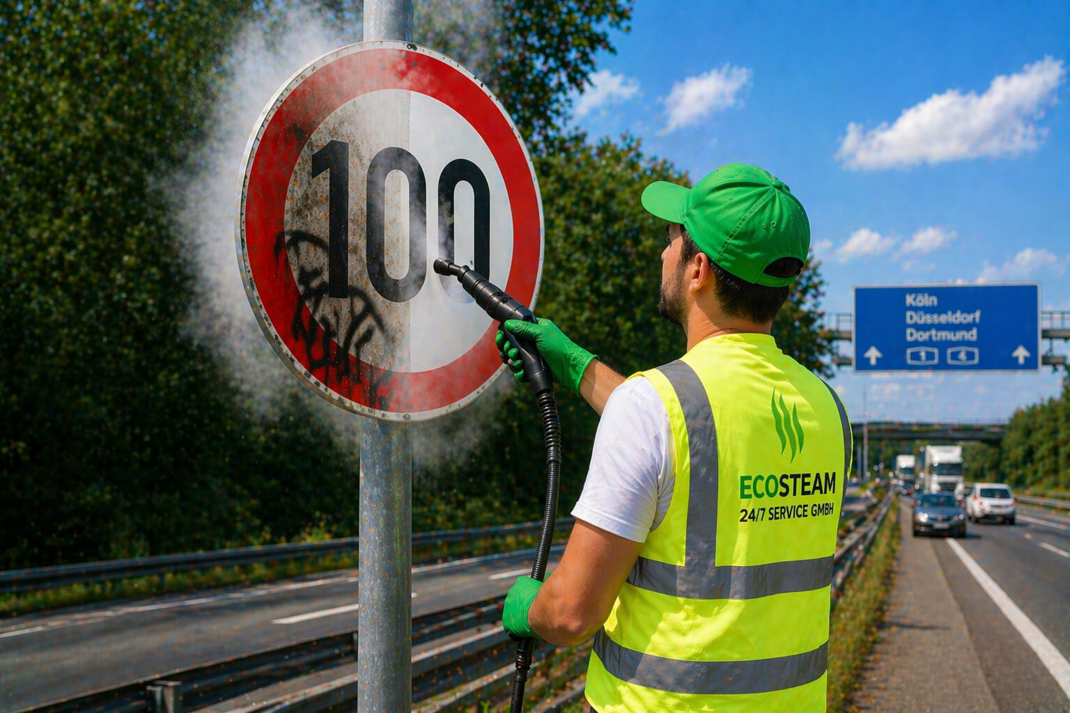 Verkehrsschildreinigung Dampf Autobahn
